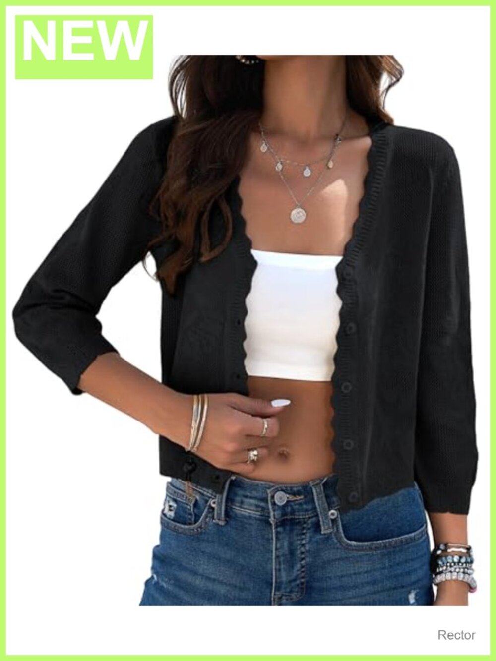 Crochet Cardigan Shrug 3/4 Sleeve Button Up Lightweight Crop Sweater